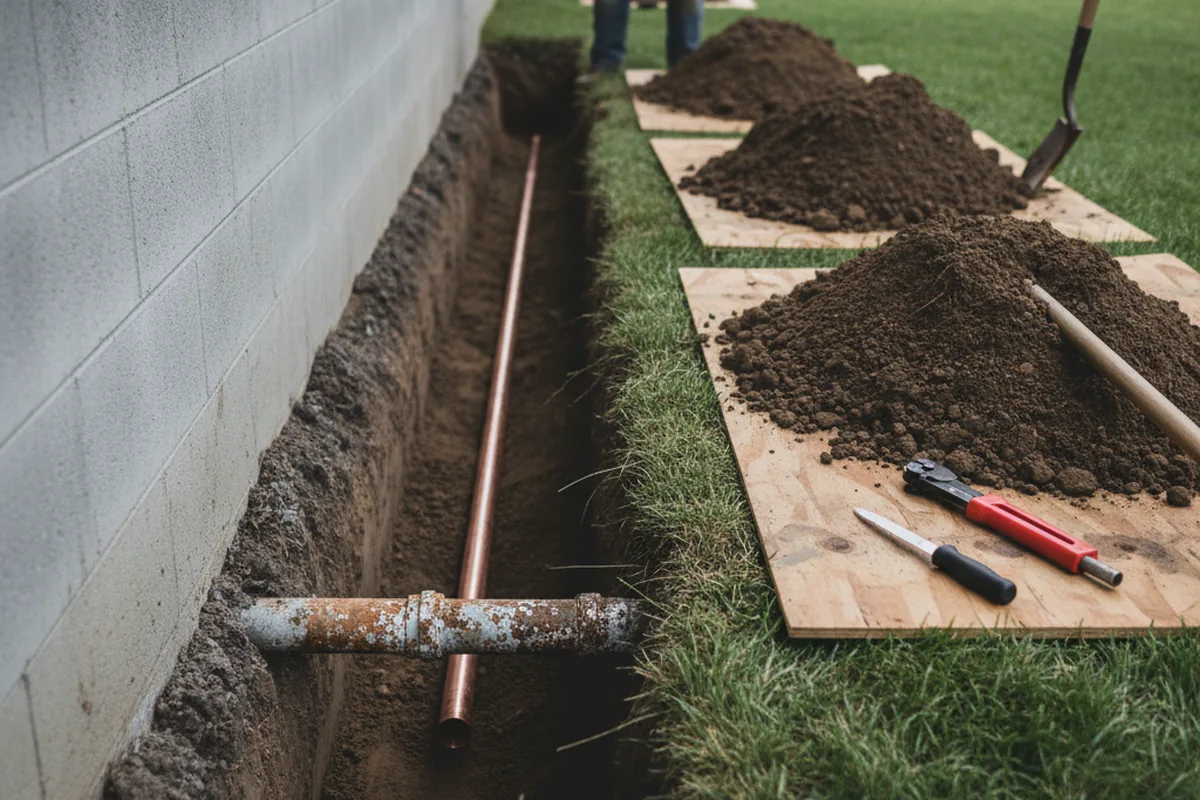 Excavated water line trench during Water Softener Installation in Parryville